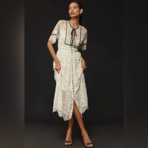 Anthropologie Dresses & Skirts - Anthropologie Short-Sleeve Button-Front Lace Midi Dress
